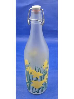 Vintage Cerve Italy Frosted Bottle Painted Daffodils Swing-top Lid 12.5" Tall
